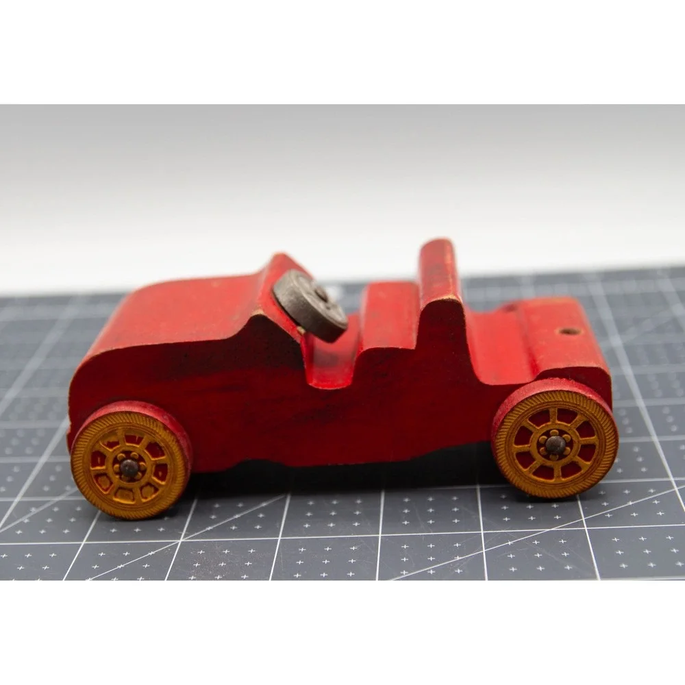 Vintage Red Wooden Toy Car Roadster Primitive Collectible‎ Yellow Spoked Wheels